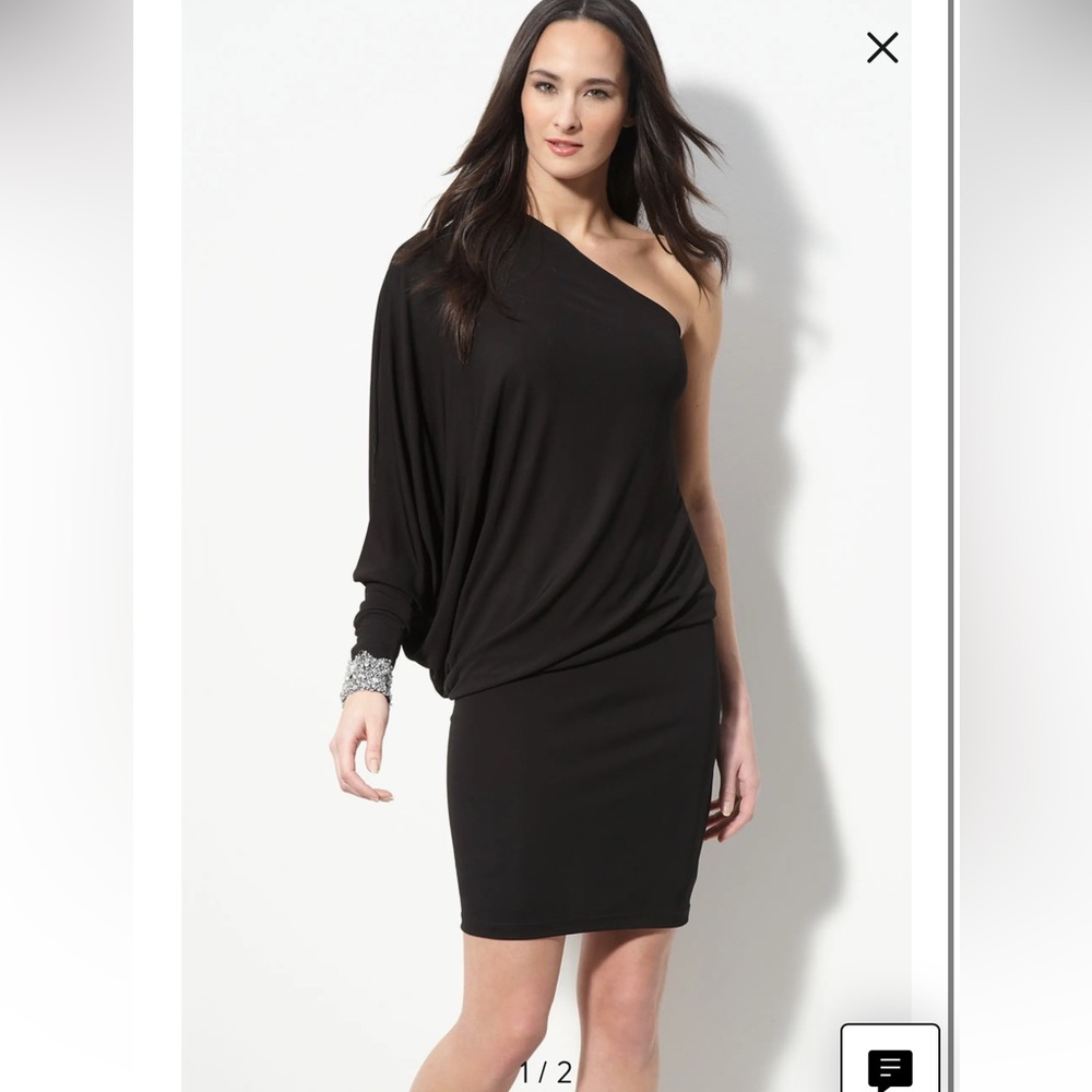 David Meister One Shoulder Black Cocktail Dress Dolman Sleeve Rhinestone Cuff